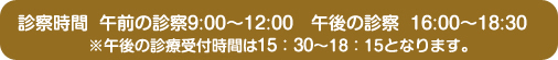 診療時間　午前の診療　9：00～12：00、午後の診療　16：00～18：30